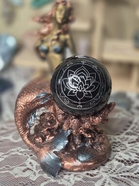 Black Obsidian Sphere With Silver Lotus Flower
